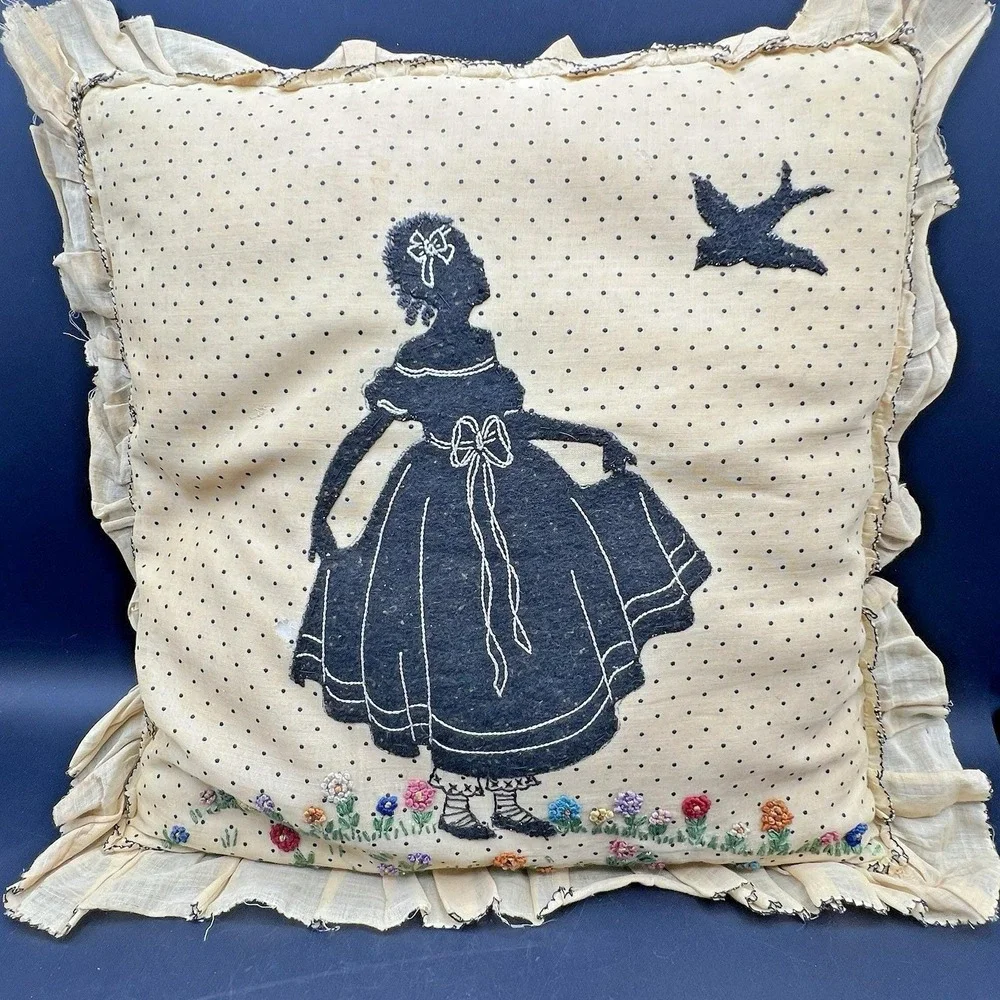 Antique Floral Embroidered Silhouette Bird Lace Edge Small Decorative Pillow